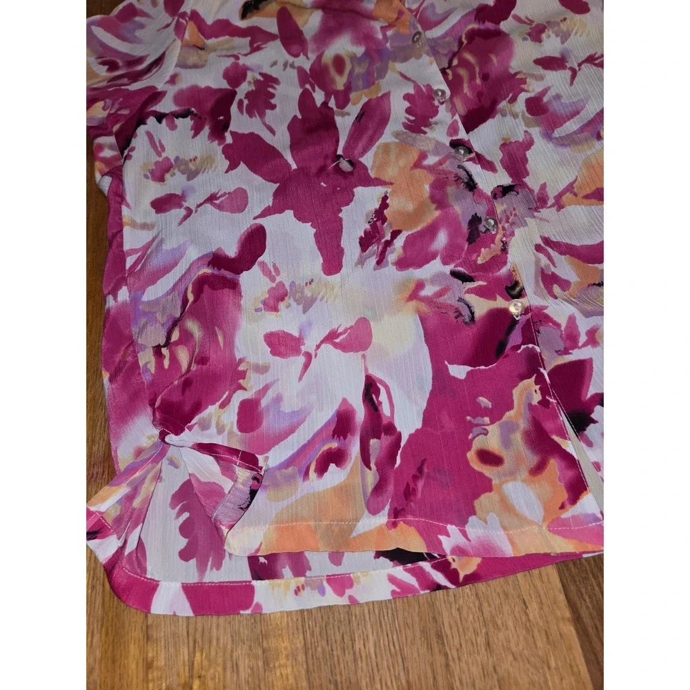 National Women XL Pink Orange Floral Spring Summer Button Down Short Sleeve Top - Picture 6 of 11